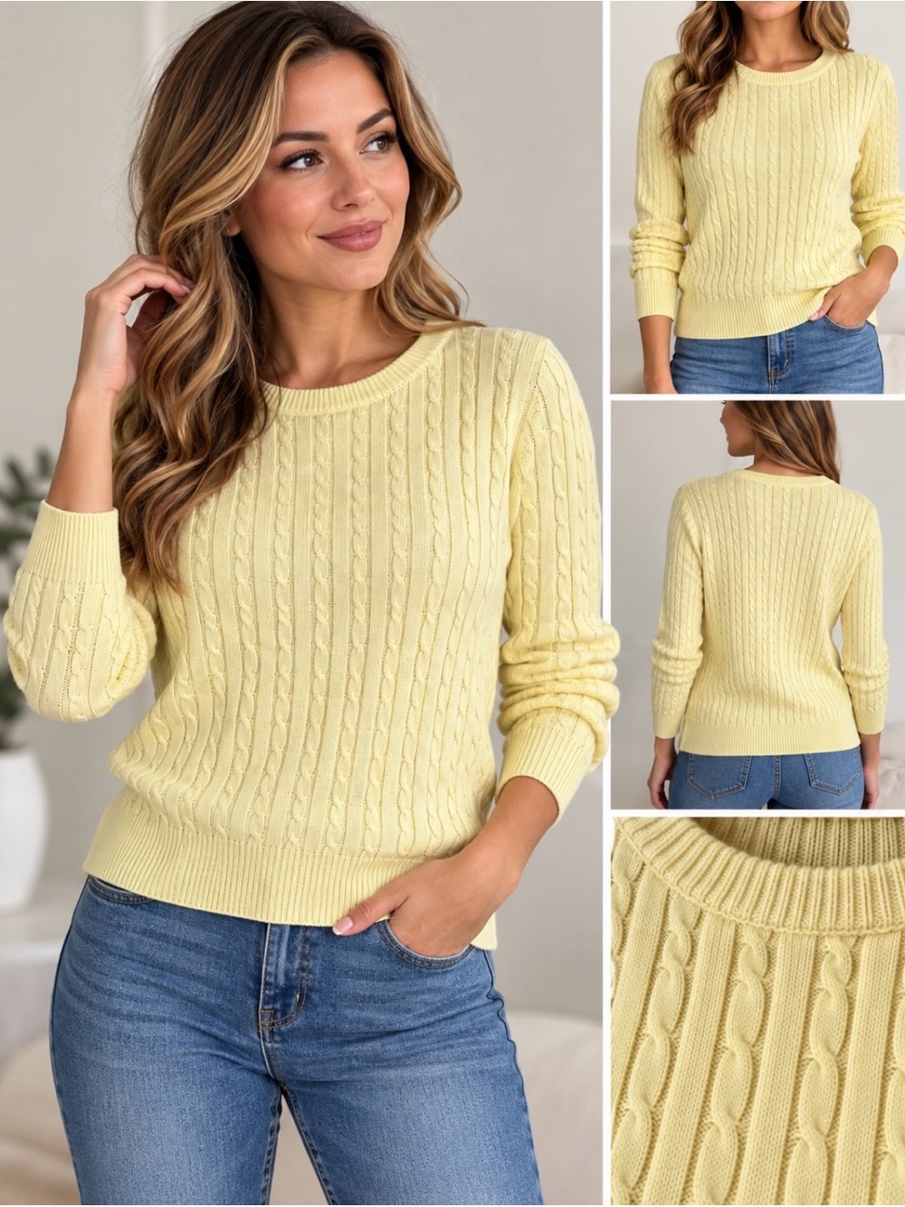 Basic Editions Women’s M Yellow Cable Knit Cotton Crewneck Sweater Y2K Preppy